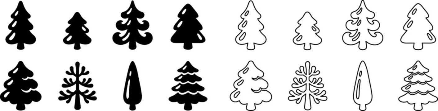 Set of black and white stylized pine tree icons with different shapes and details