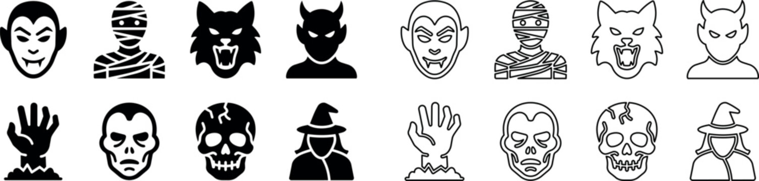 Halloween horror icons with vampire, mummy, werewolf, demon, zombie hand, skull, and witch