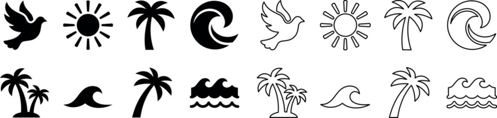 Obraz premium Beach and tropical nature icon set with sun, palm tree, wave, and dove silhouettes