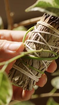 Vertical video: Pinching vine, hand looping it around smudge over twine to secure bundle at home