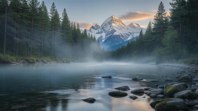 Serene River Flowing Through Pine Forest at Dawn, Mist Rising with Majestic Mountains in Background, Natures Tranquil Beauty
