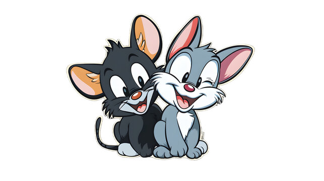 Tom and Jerry cartoon characters, black cat and gray mouse friends, happy and smiling, isolated on white background