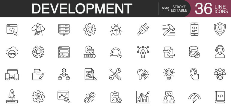 Development line icon vector set featuring web programming, software coding, and technology infrastructure concepts with editable stroke.