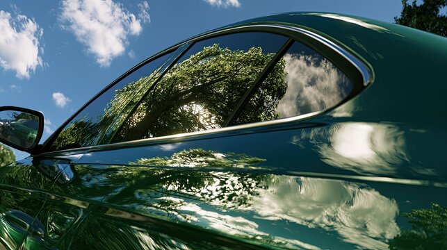 Gleaming emerald car surface reflects a sun-drenched sky with fluffy clouds and trees