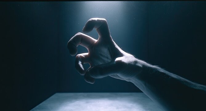 A human hand, illuminated by a spotlight, curls into a claw-like shape