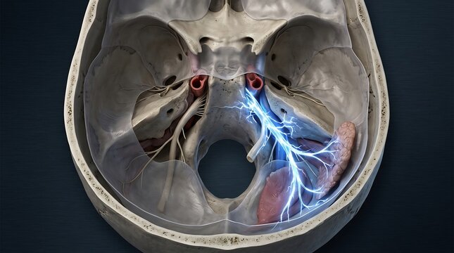Skull interior anatomy highlights the pathways of the trigeminal nerve and major blood vessels within the cranial cavity for neurosurgical planning and analysis.