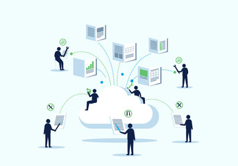 Naklejka premium Team of business people collaborating with cloud based data.