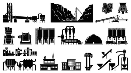 Obraz premium Black and White Icons of Cement Plant Machinery and Industrial Equipment