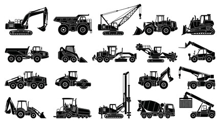 Obraz premium Black and White Vector Icons of Construction Vehicles and Equipment
