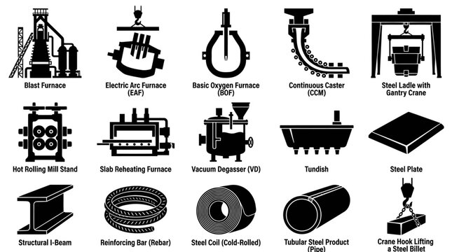 Steel Industry Icons: Blast Furnace, Arc Furnace, Caster, Crane, Beam
