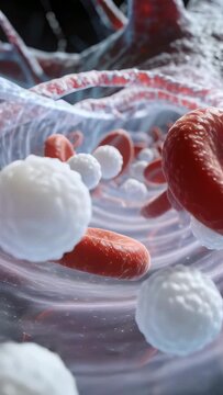 Vertical video: Pulsing flow carrying red cluster tumbling along lumen for oxygen, with white cells