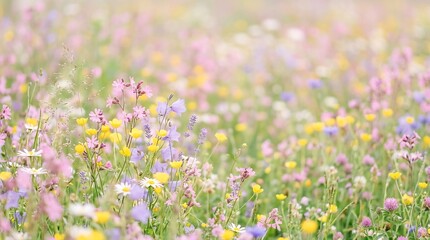 Obraz premium Wildflowers bloom in a dense meadow filled with colorful petals and soft greenery, providing a natural background that evokes the refreshing essence of a vibrant countryside landscape in the spring.