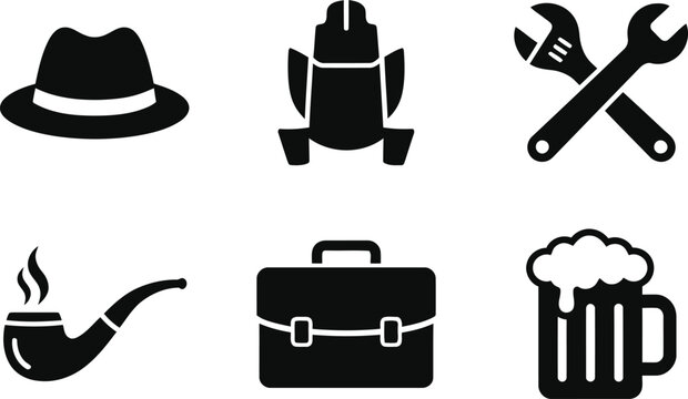 Black icons of hat, robot, tools, pipe, briefcase, beer