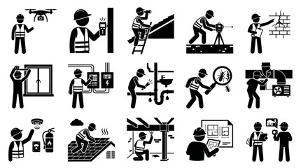 Obraz premium Black and White Glyph Icons of Home Inspectors and Building Professionals