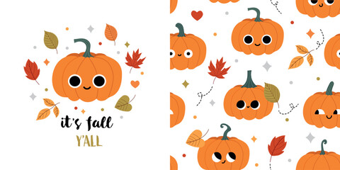 Fototapeta premium Cute autumn seamless pattern and surface design. Smiling pumpkins, falling leaves and playful seasonal details. Cozy fall design for kids textiles, nursery decor, wrapping paper.