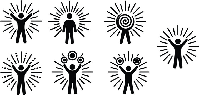 Black stick figure icons with sunburst effects