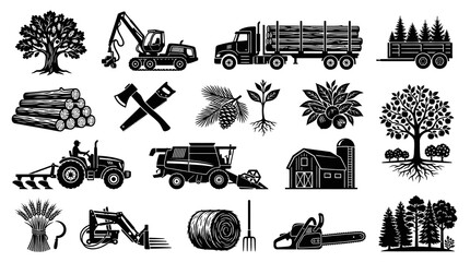 Obraz premium Black and White Vector Icons of Agriculture and Forestry Industry Tools and Equipment