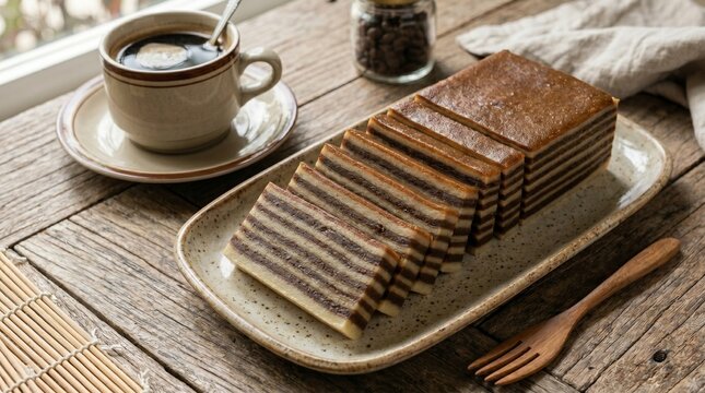 Clean slices of traditional Indonesian steamed layered rice flour cake kue lapis beras with coffee brown stripes on a speckled oval plate served with hot coffee on a rustic table.