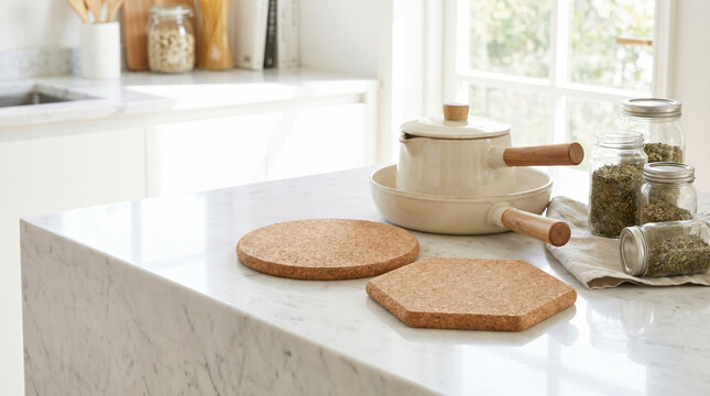 Clean modern kitchen countertop with ceramic pot, cork trivets, and glass jars with herbs