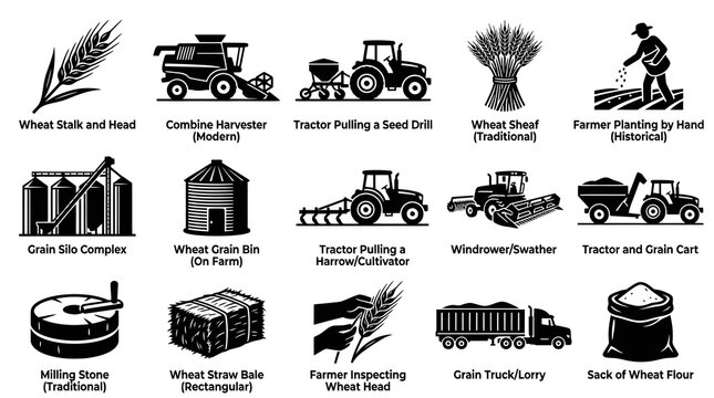 Agriculture Wheat Farming Process and Equipment Glyphs - Black and White Vector Icons Set