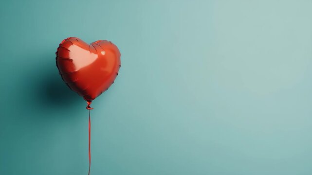 Red heart shaped balloon floating against a teal wall, love concept, romance, minimal celebration, Valentine's Day.