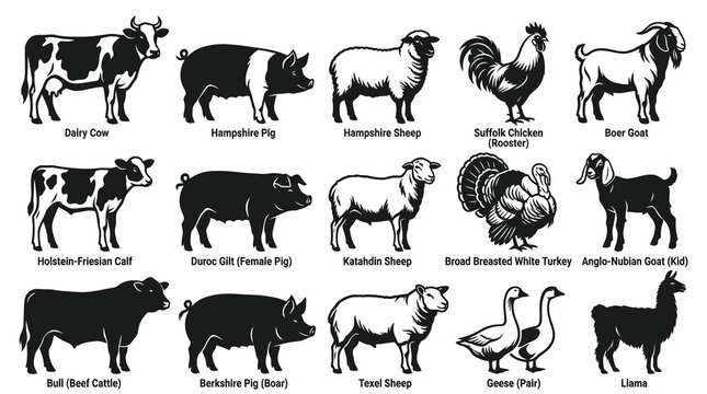 Agriculture Farm Animals Black  White Glyph Icon Set - Livestock Breeds Collection