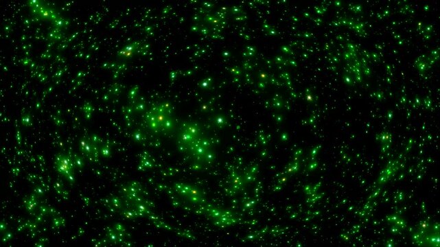 The effect of rapid momentum, traveling in space, zooming green dust particles, speckles on a dark background, abstraction.