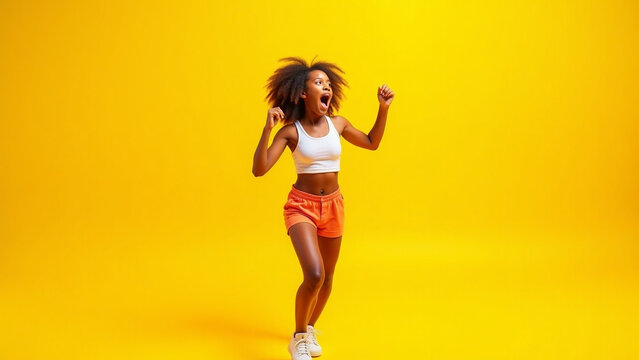 Enjoying photoshoot ar Ecstatic iteration girl with inspired face expression dancing on yellow background Studio