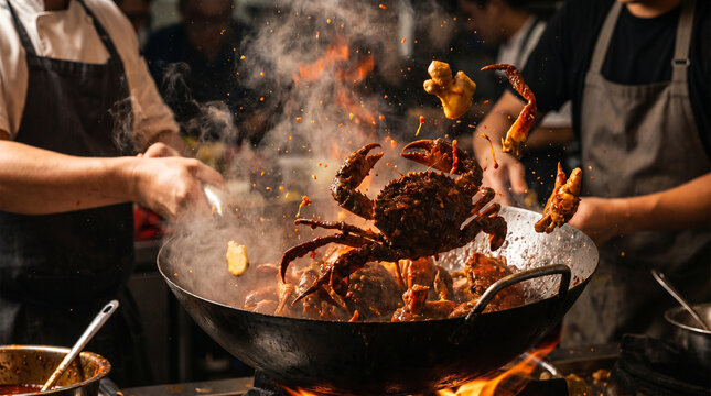 High Speed Wok Tossing Spicy Mud Crabs with Flying Shells