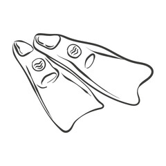 Hand-drawn ink drawing of diving fins. Vector whimsical illustration of a summer swimming doodle in simple crayon style. Black outline snorkeling equipment sketch isolated on a white background. © Natali