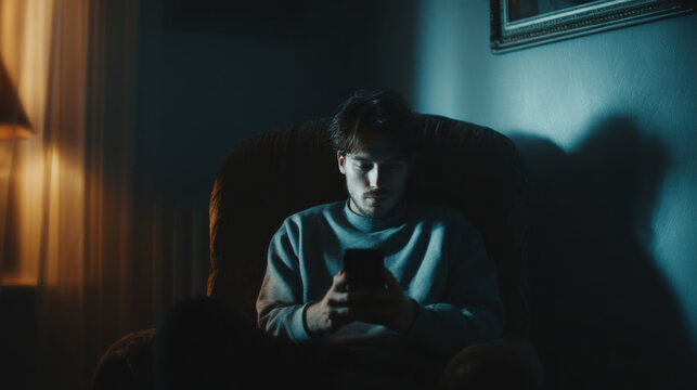 Young man sitting in a dimly lit living room focused on a smartphone. The image represents social media overuse, digital dependence, late-night browsing, emotional isolation, and technology's impact o