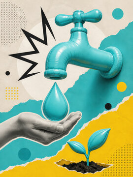 Save water and environmental sustainability concept collage with a hand protecting an inflatable droplet near a tap and plant