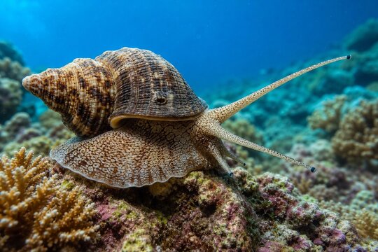Triton snail extending its tentacles on a coral reef with a visible spiral shell.