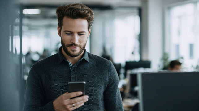 Young business professional using a smartphone in a modern office environment for secure digital authentication, identity verification and mobile cybersecurity access.