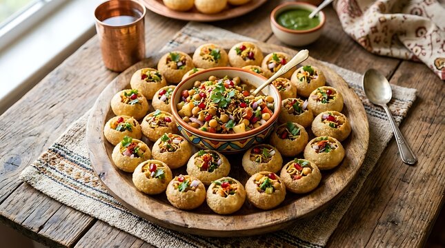 Indian street food pani puri served on a wooden plate illustration