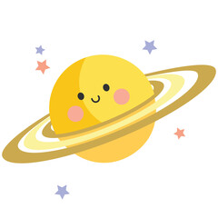Cute cartoon yellow saturn planet character with stars illustration isolated on white background © Lily Angel Studio