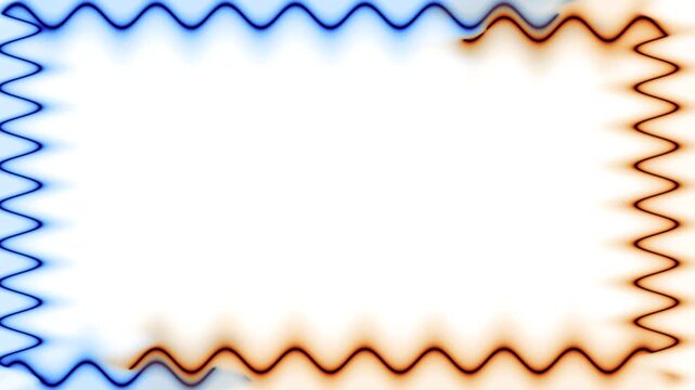 Long rectangular horizontal colorful red blue neon moving around light closed frames on white background. Space for your own content.