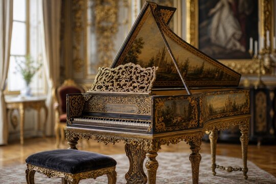An ornate harpsichord in a palatial room bathed in soft light.