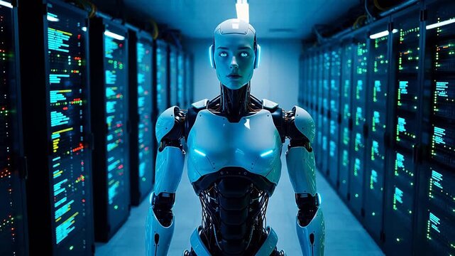 Futuristic robot in server room