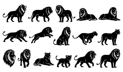 Lion Silhouette Collection Featuring Different Poses and Wildlife Animal Designs © SobujChandra