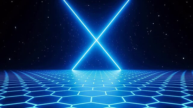 Blue neon grid and starry space