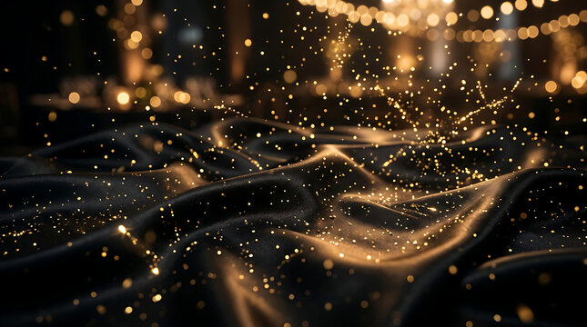 Golden particles sparkle on a luxurious black silk fabric surface
