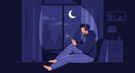Fototapeta premium Young man with headphones using smartphone at night, city view from window