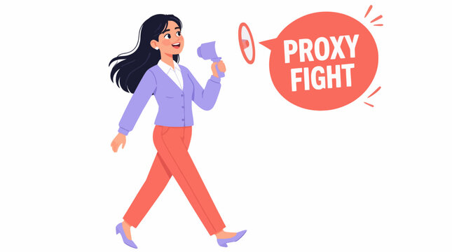 Woman holding megaphone with proxy fight text.