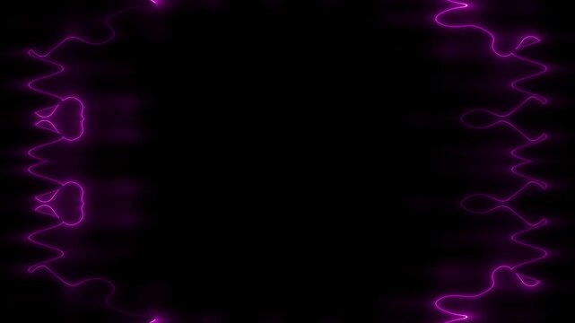 Neon, fading in and out, wavy, glowing pink perpendicular vertical lines creating an abstract frame on a black background. Space for your own content.