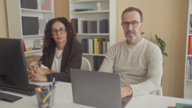 Man and woman seated at a laptop, woman holds a small chihuahua dog on her lap in an office building; serious collaboration.