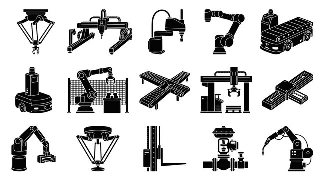 Industrial Automation Robots, AGV, Conveyor, CNC Machinery Solid Glyph Icons. Smart Factory, Industry 4.0 Technology.