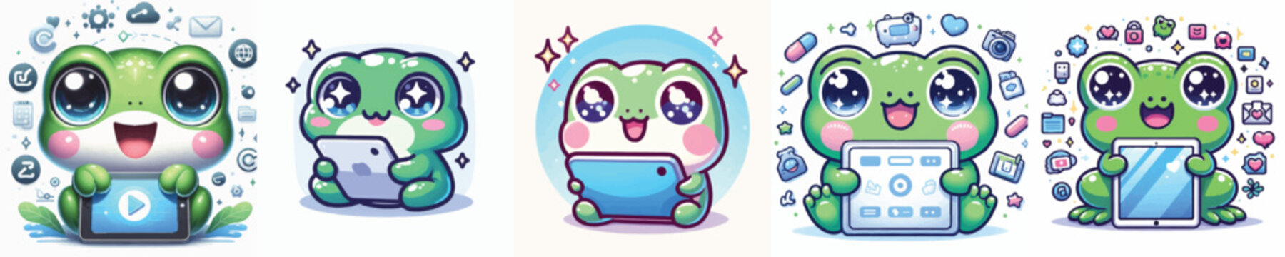 Vector of a cute cartoon frog character using a tablet device