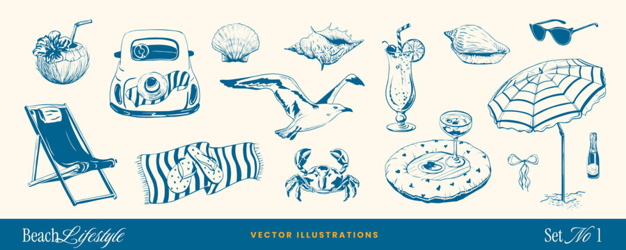 Amalfi coast summer doodle sketch icons with wine, cocktail, mocktail and Italian seafood elements. Hand-drawn sea French vacation vintage rest vector art for menu, beach party and invitation design