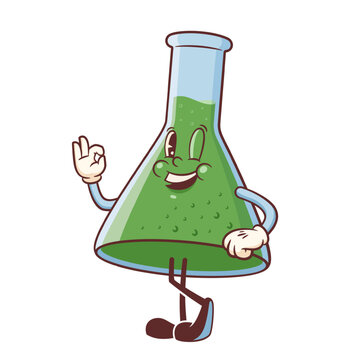 Groovy Back to School Retro Character Illustration. Cartoon Chemistry Flask with a Cute Smile on its face. Vector Education Mascot Template. Happy Vintage Cool Learning Personage Doodle Isolated